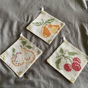 3 handmade Italian embroidered kitchen cloths/ hot pads
